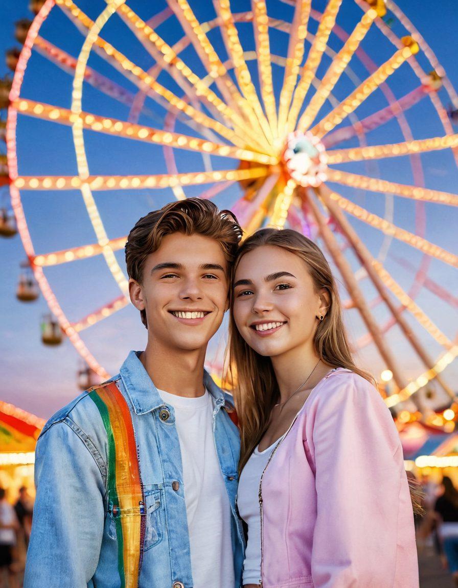 A vibrant scene of two teenagers enjoying a fun date at a colorful carnival, with a Ferris wheel in the background and various playful emotions on their faces. The atmosphere should feel light-hearted and flirty, incorporating elements like cotton candy and laughter around them. Add a subtle warm sunset glow to enhance the romantic vibe. super-realistic. vibrant colors. white background.