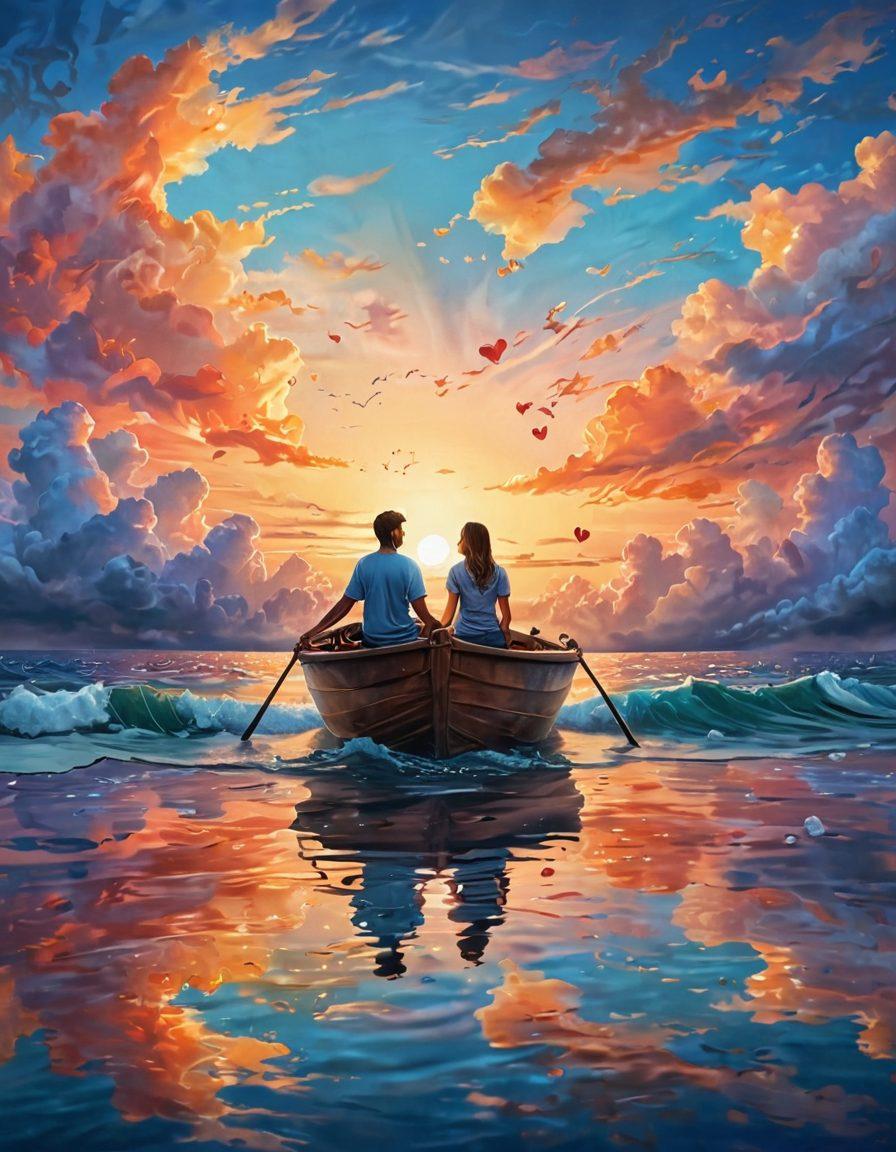 A serene scene depicting two young people on a small boat gently navigating through calm blue waters, surrounded by emotional symbols like hearts and waves. The sky is painted with a warm sunset that reflects on the water, creating a dreamy atmosphere. Include detailed expressions of hope and connection on their faces. The background features soft, whimsical clouds that symbolize thoughts and emotions. super-realistic. vibrant colors. peaceful setting.