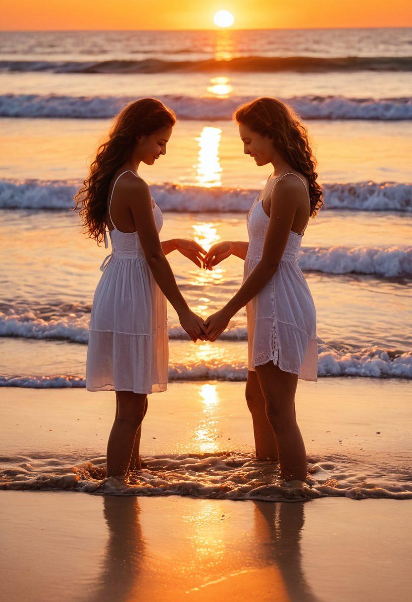 A serene beach scene at sunset, featuring two teenagers joyfully splashing water while holding hands, symbolizing youthful love. Surround them with seashells and a heart drawn in the sand, capturing the essence of their first connection. Include soft waves and a warm color palette evoking romance and nostalgia. dreamy, romantic, vibrant colors. sunset backdrop.